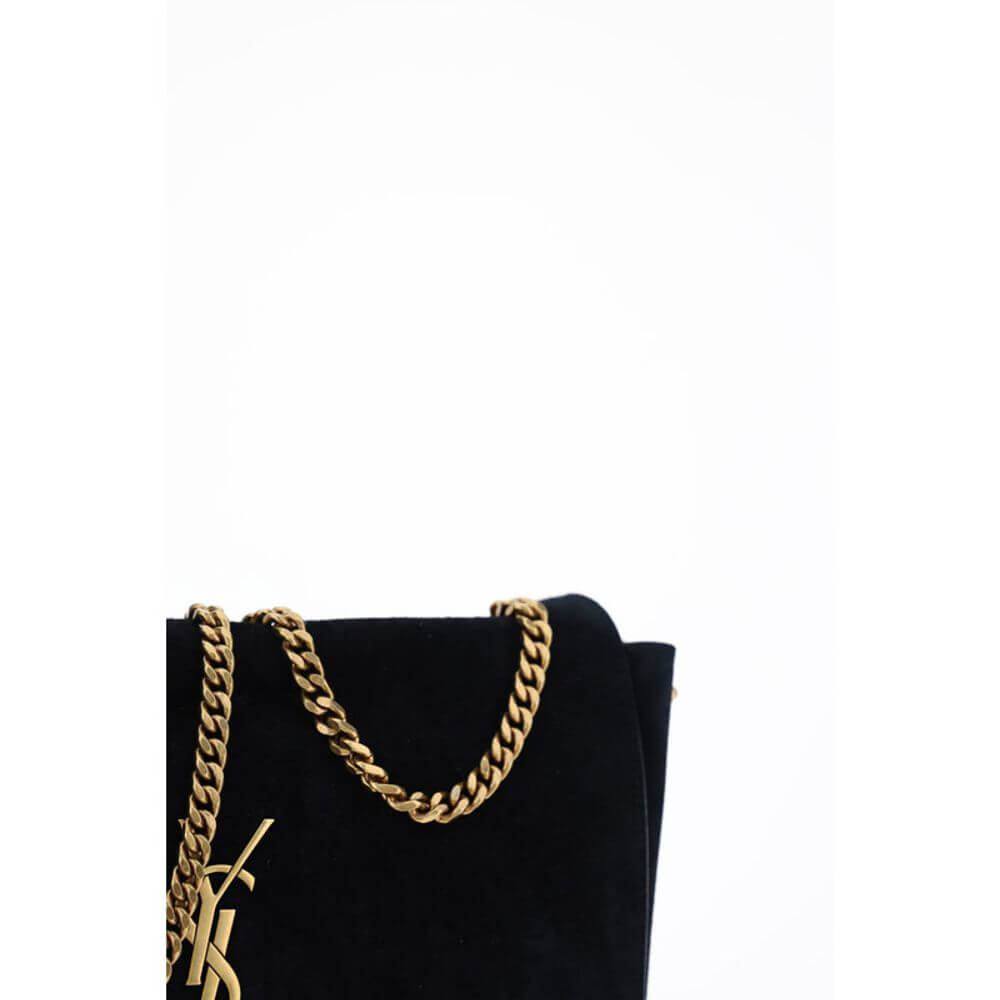 Saint Laurent Black Calf Leather Bos Taurus Shoulder Bag with gold chain strap and iconic monogram, elegant suede design.