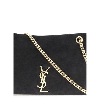 Saint Laurent Black Calf Leather Bos Taurus Shoulder Bag with chain strap and iconic monogram on black suede leather.