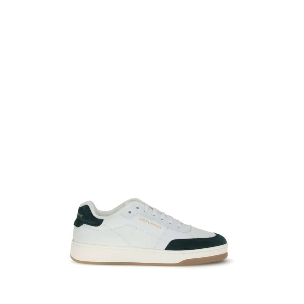 Saint Laurent White Calf Leather Bos Taurus Low Top Sneakers with suede panel and logo detailing.