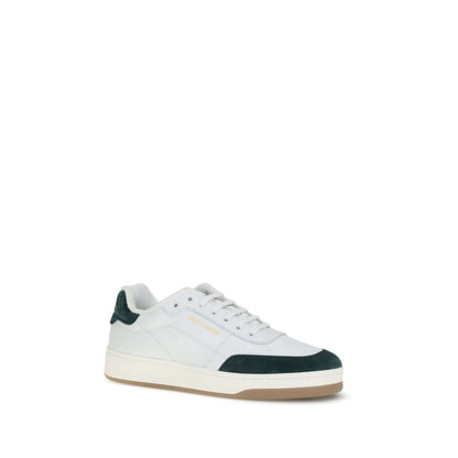 Saint Laurent White Calf Leather Bos Taurus Low Top Sneakers with suede panel and logos on side and heel.