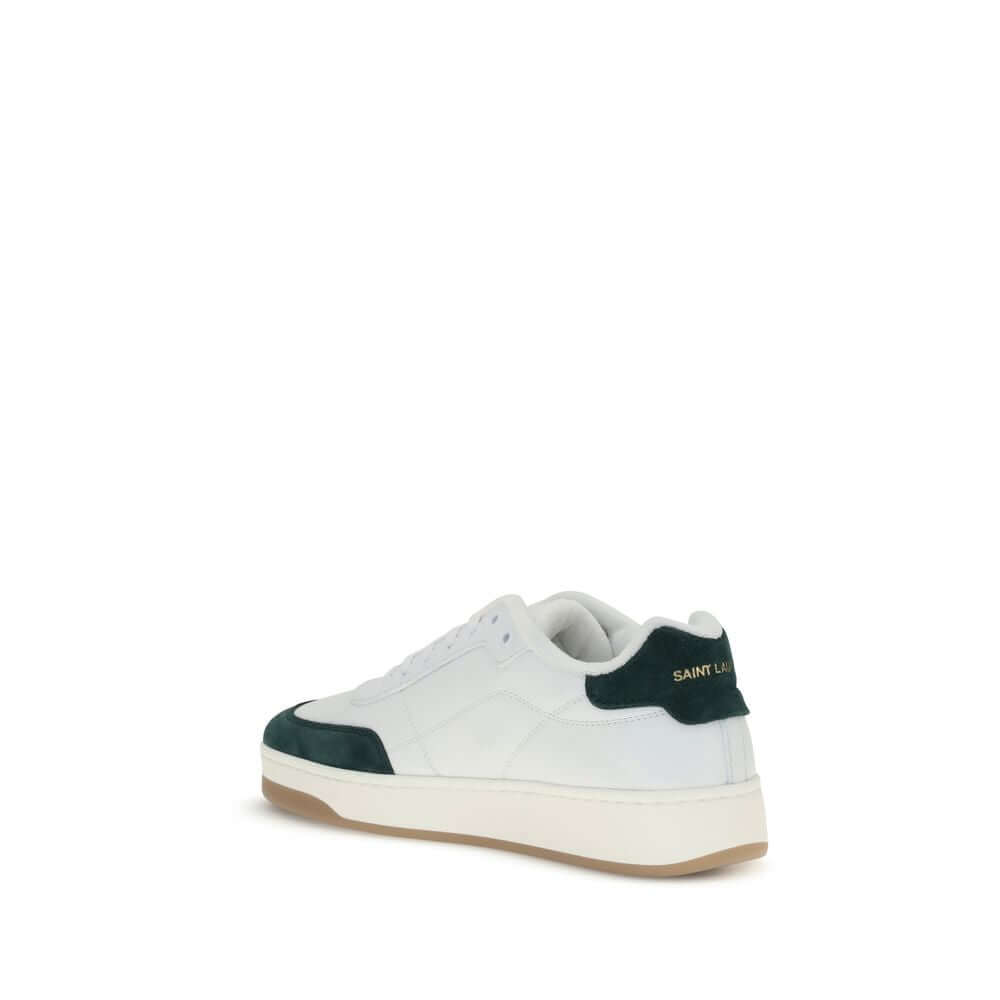 Saint Laurent White Calf Leather Bos Taurus Low Top Sneakers with suede panel and logo on heel, AW25 collection.