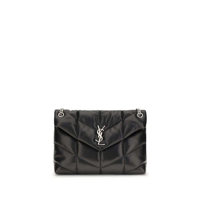 Saint Laurent Black Lamb Ovis Aries Aries Shoulder Bag with silver YSL plaque and leather-braided chain strap.
