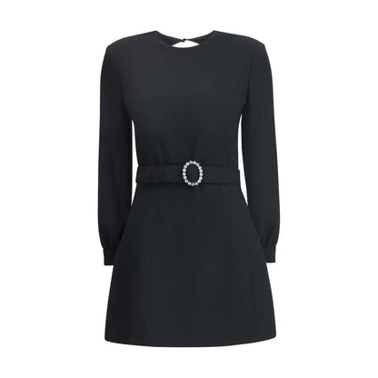 Elegant Saint Laurent Black Viscose Cocktail Dress with long sleeves and round neckline, featuring padded shoulders for a sophisticated look.