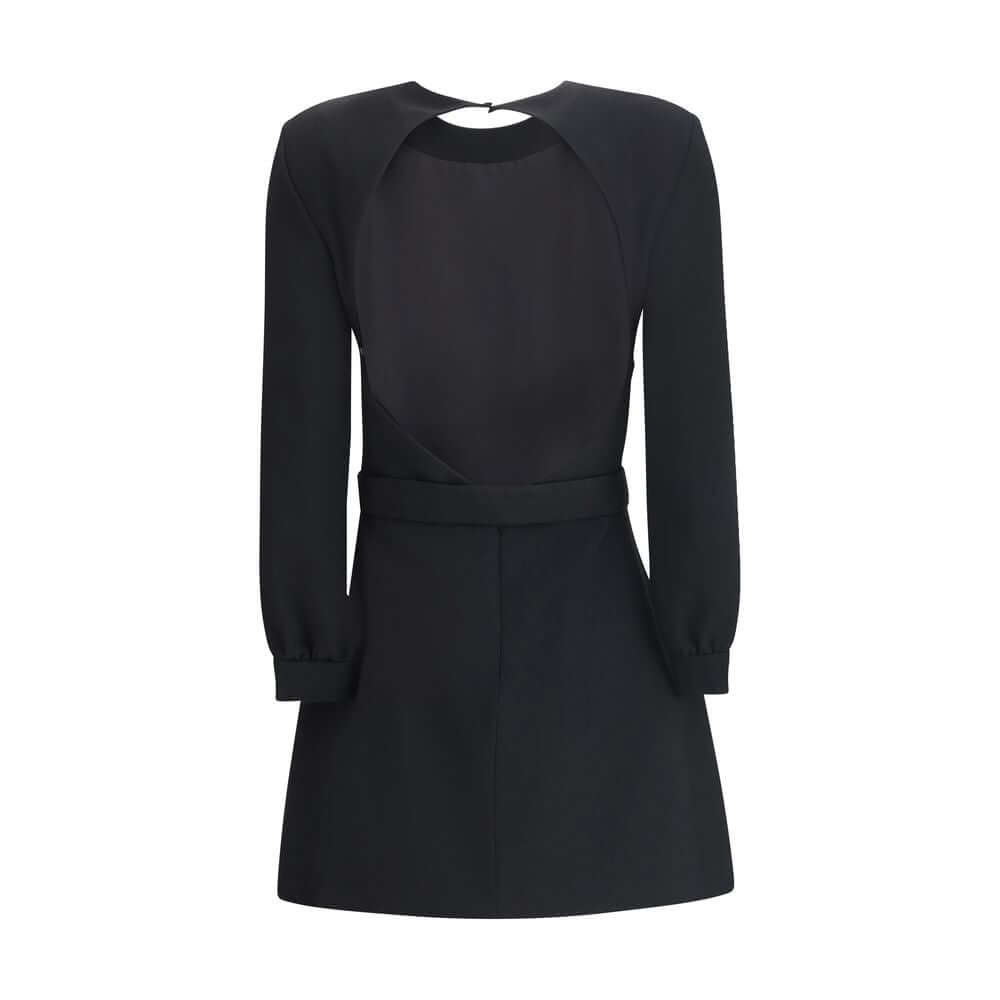 Saint Laurent Black Viscose Cocktail Dress with long sleeves and diamond-cut nude back, perfect for elegant occasions.