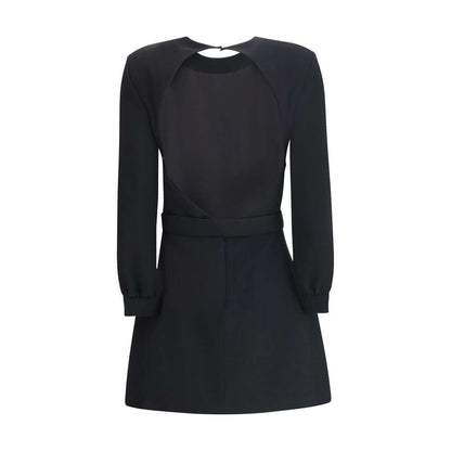 Saint Laurent Black Viscose Cocktail Dress with long sleeves and diamond-cut nude back, perfect for elegant occasions.