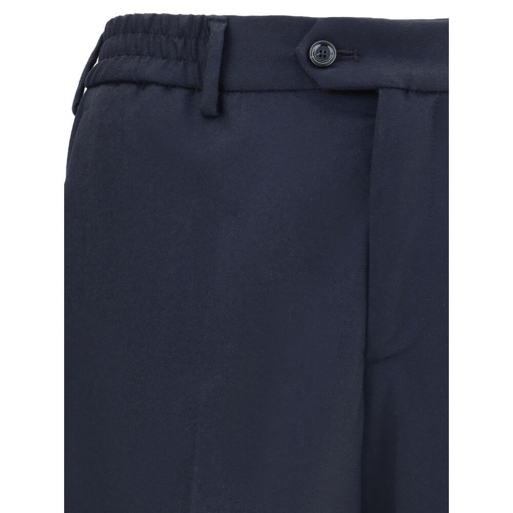 Close-up of Lardini Blue Fleece Wool Chino Pants showing button closure and elastic waistband detail.