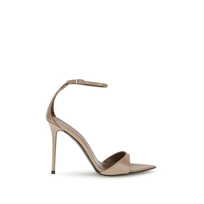 Giuseppe Zanotti Beige Leather Stiletto Heel Sandals with silver-tone strap and logo-embossed insole, side view.