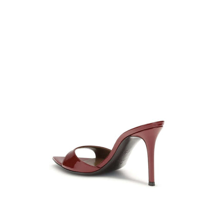 Giuseppe Zanotti Bordeaux Leather Stiletto Heel Sandals with patent leather and open-toe design, side view of elegant stiletto silhouette.