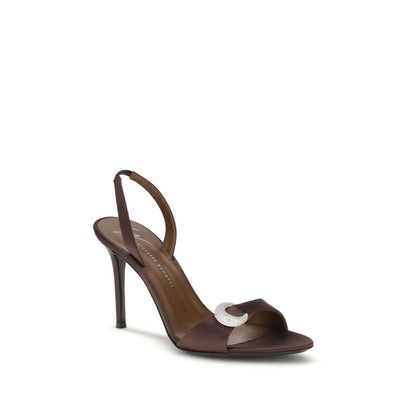 Giuseppe Zanotti Brown Silk Stiletto Heel Sandals with rhinestone detail, perfect for special occasions and sophisticated looks.