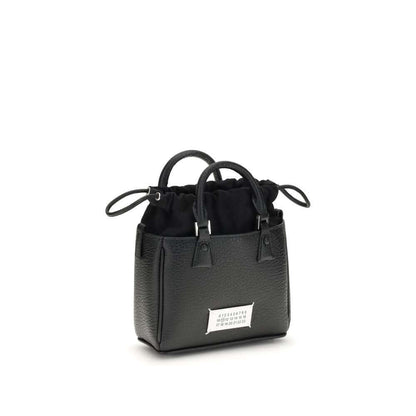 Margiela Black Calf Leather Bos Taurus Shoulder Bag with logo label, metal rivets, and hand-painted edges for a chic look.