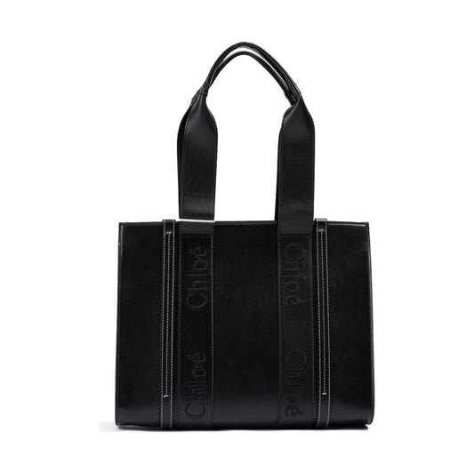 Chloé Black Woody Embroidered Logo Leather Medium Tote Bag