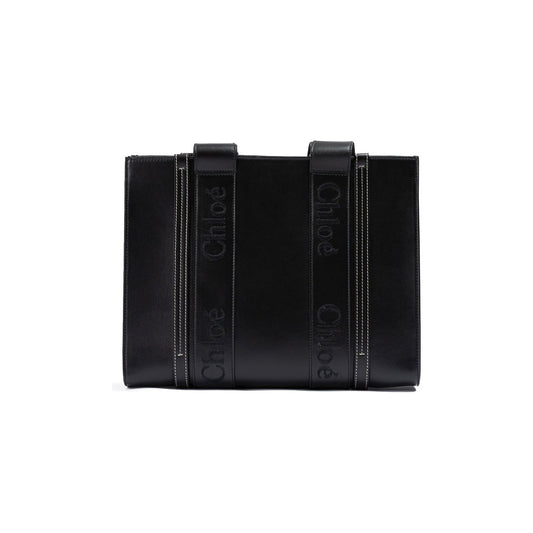 Chloé Black Woody Embroidered Logo Leather Medium Tote Bag