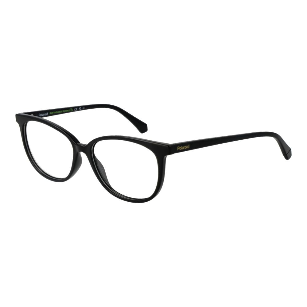 Polaroid Black Women Glasses Frame in full-rim round style with black polyamide material and demo lenses. Size 55-10-145.
