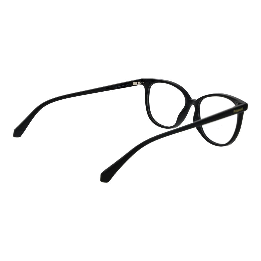 Polaroid Black Women Glasses Frame with round full-rim polyamide design, black color, and demo lenses. Includes branded case.
