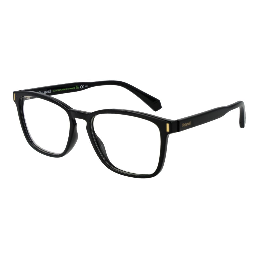Polaroid Black Unisex Glasses Frame with full-rim rectangle style, made from polyamide with demo lenses, includes branded case.