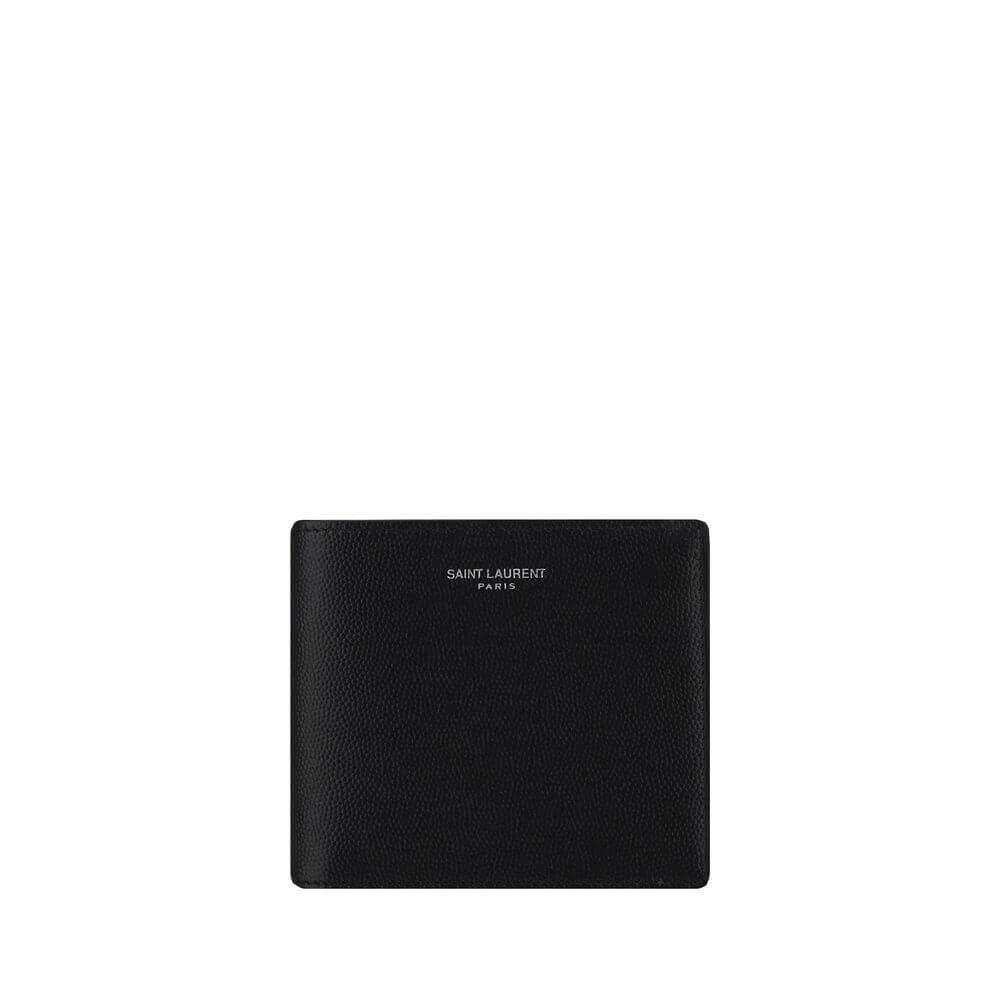Saint Laurent Black Calf Leather Bos Taurus Wallet with grained leather design and iconic brand signature on front for AW25 collection.