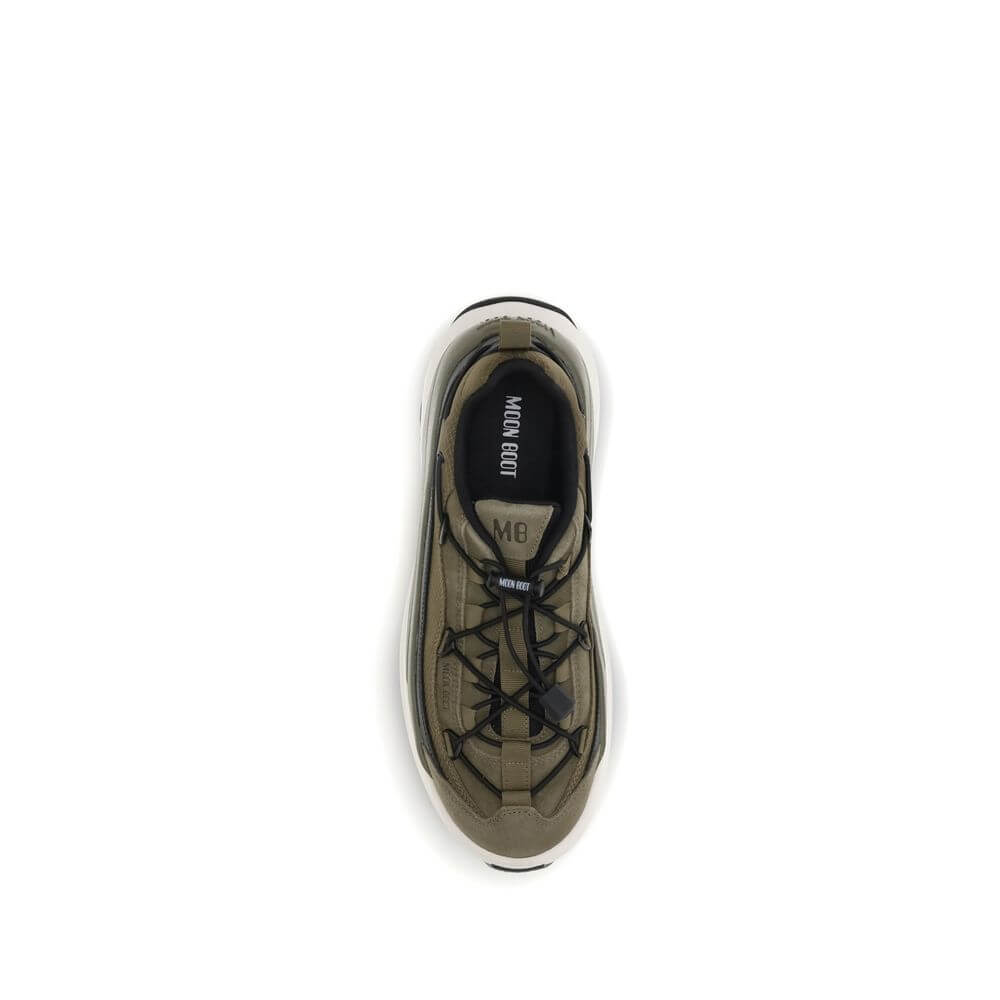 Top view of Moon Boot Bicolor Polyester Athletic Sneakers with crisscrossing laces and embossed logo on sole.
