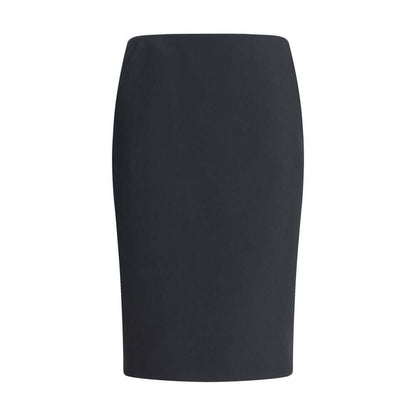 Giorgio Armani Black Recycled Polyester Midi Skirt with clean lines, back zip closure, and side pockets for formal or informal occasions.