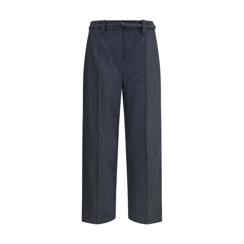 Brunello Cucinelli Gray Fleece Wool Casual Pants with wide leg, front zip-and-hook closure, belt loops, and welt pockets.