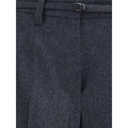 Brunello Cucinelli Gray Fleece Wool Casual Pants featuring wide straight leg, front zip closure, and adjustable strap detail.