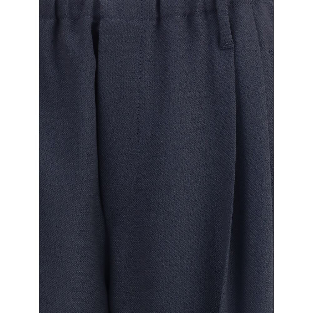 Close-up of Brunello Cucinelli Gray Fleece Wool Casual Pants with elastic waistband and straight leg, showcasing fabric texture.