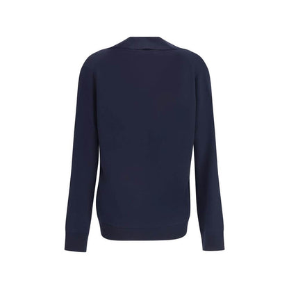Rear view of Gucci Blue Wool Sweatshirt with long sleeves and ribbed trims, showcasing elegant casual-chic design. AW25 collection.