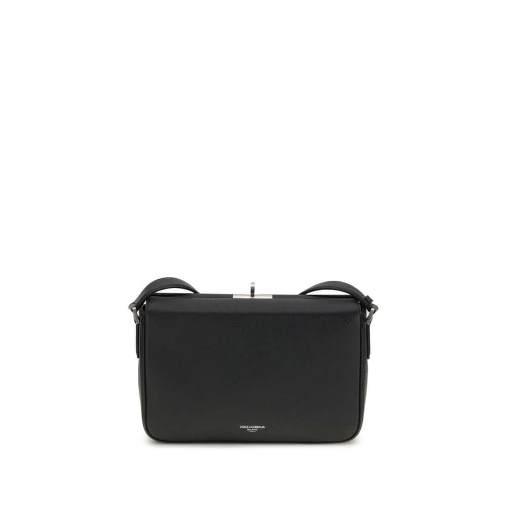 Dolce & Gabbana Black Calf Leather Bos Taurus Shoulder Bag with metal zipper and adjustable strap