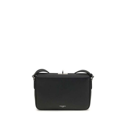 Dolce & Gabbana Black Calf Leather Bos Taurus Shoulder Bag with metal zipper and adjustable strap