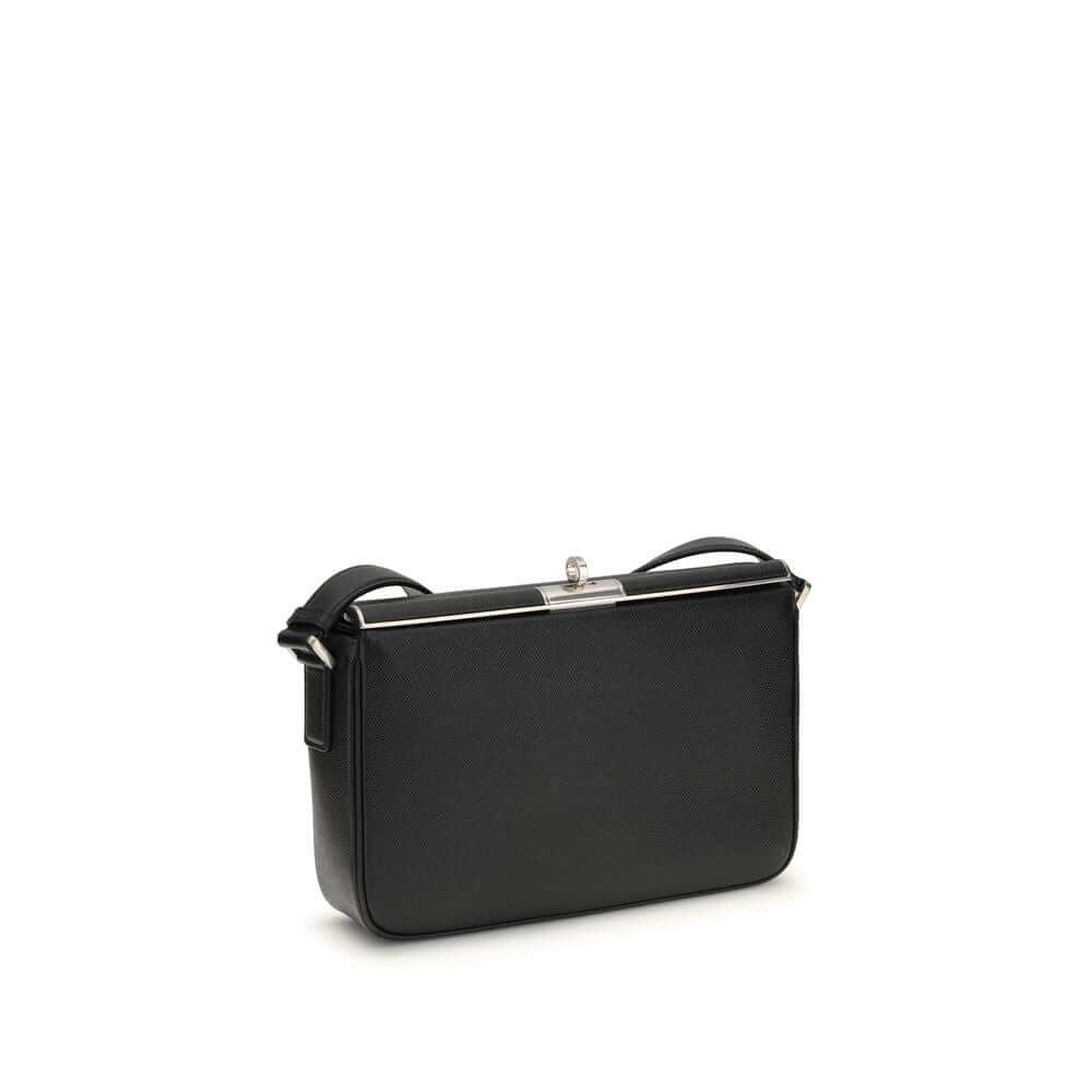 Dolce & Gabbana Black Calf Leather Bos Taurus Shoulder Bag with metal zipper and adjustable strap - back view