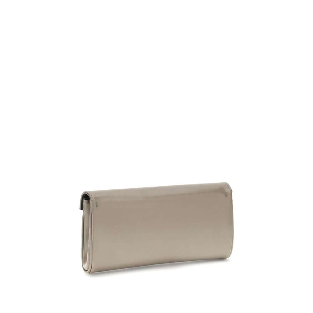 Giuseppe Zanotti Beige Leather Clutch Bag with gold-tone chain and logoed metal closure, elegant and compact design.