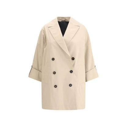 Brunello Cucinelli Beige Cotton Coat with wide lapels, double-breasted front, and jewel detail, offering modern elegance and sophistication.