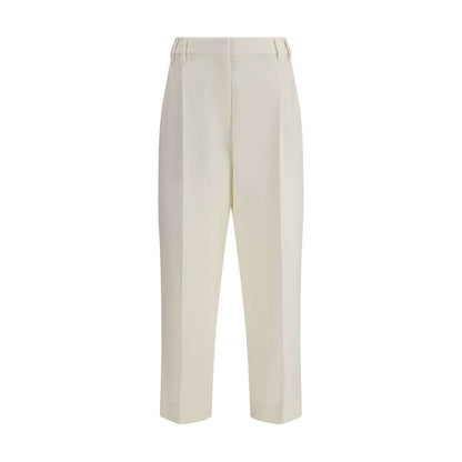 Brunello Cucinelli White Cotton Chino Pants with straight leg, cropped ankle length, and front pleats for a tailored look.