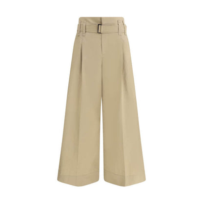 Brunello Cucinelli Beige Cotton Cropped Pants, elegant pleated design with wide leg and draw belt for a sophisticated look.