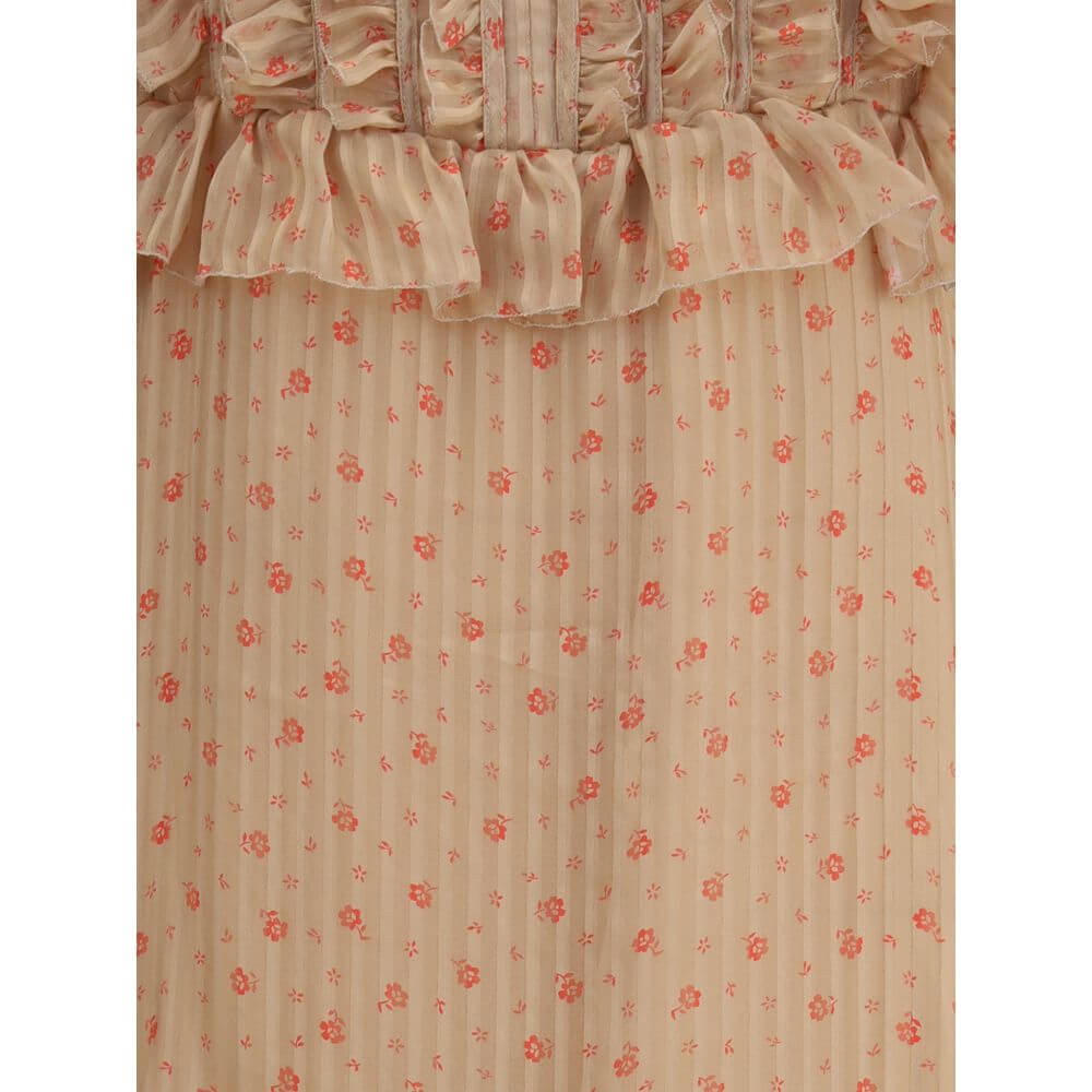 Kristina Ti Multicolor Silk Long Dress with vintage striped pattern and ruffles, showcasing a romantic and ethereal design.