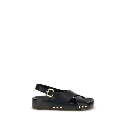 Chloé Mae Sandals in black calfskin with adjustable ankle strap and gold studs, featuring a Paddington buckle. AW25 collection.