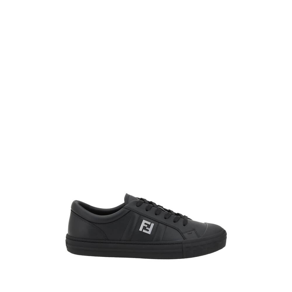 Fendi Black Calf Leather Bos Taurus Athletic Sneakers with iconic logo on side view, featuring lace-up closure and flat sole.