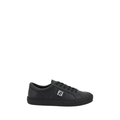 Fendi Black Calf Leather Bos Taurus Athletic Sneakers with iconic logo on side view, featuring lace-up closure and flat sole.