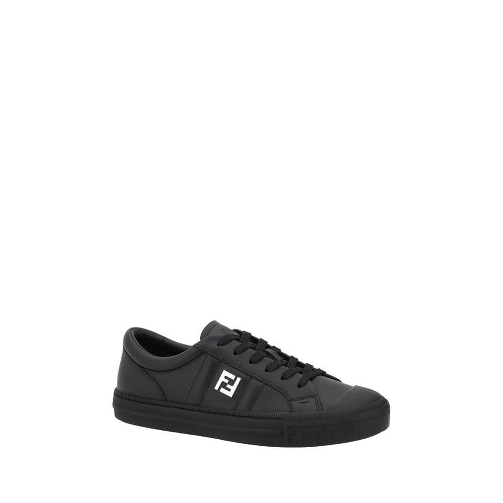 Fendi Black Calf Leather Bos Taurus Athletic Sneakers with lace-up closure and brand logo, offering comfort and style.