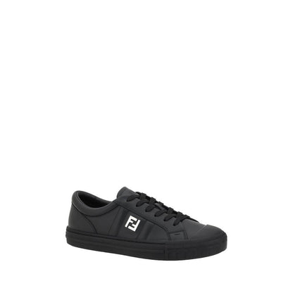 Fendi Black Calf Leather Bos Taurus Athletic Sneakers with lace-up closure and brand logo, offering comfort and style.
