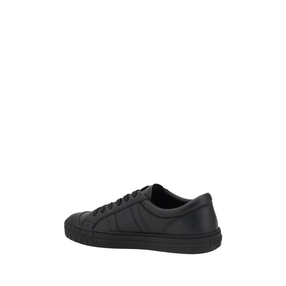 Fendi Black Calf Leather Bos Taurus Athletic Sneakers with laces and flat sole, side view.