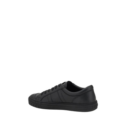 Fendi Black Calf Leather Bos Taurus Athletic Sneakers with laces and flat sole, side view.