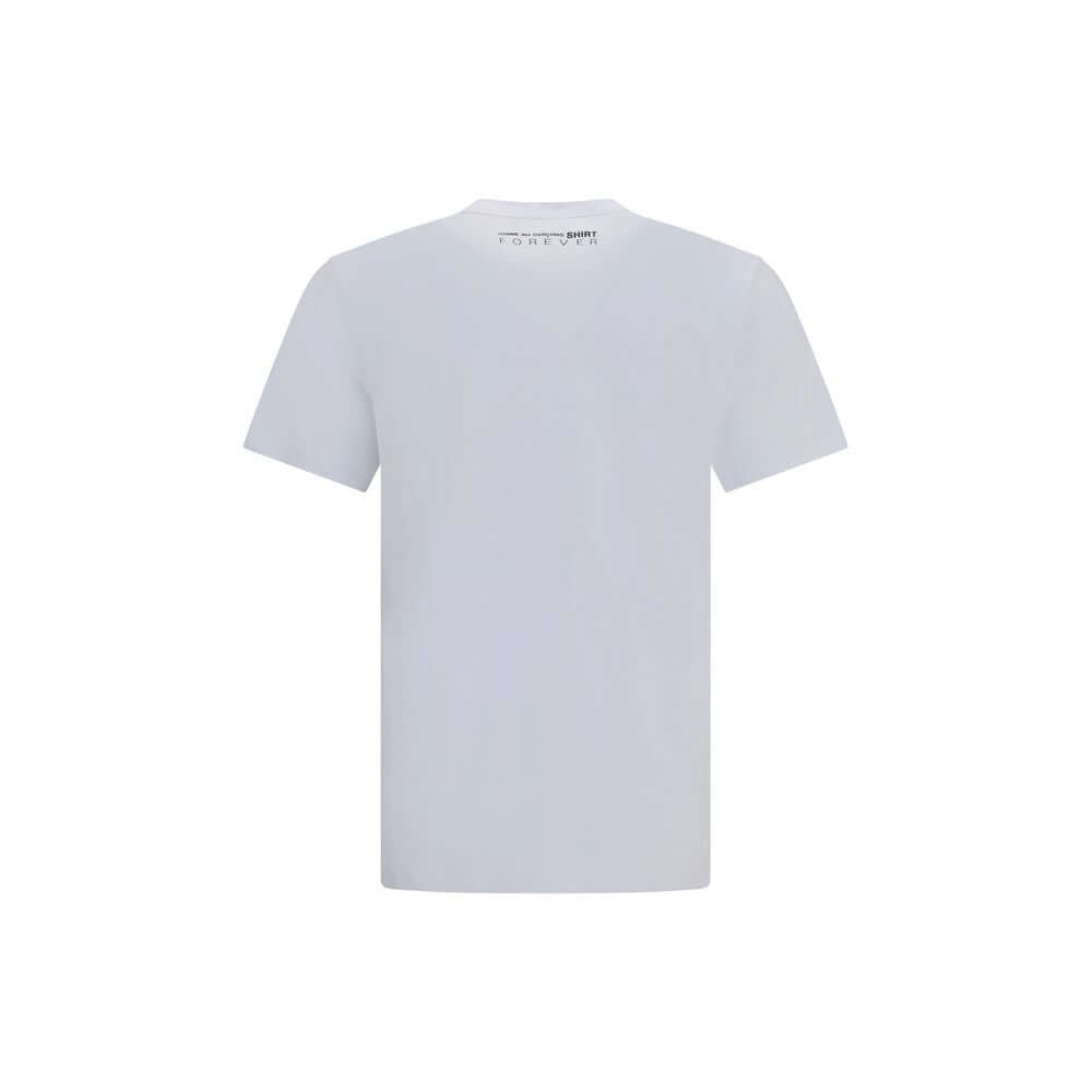 Comme Des Garçons White Cotton Sportswear crew neck T-shirt with back logo, minimalist design, regular fit, 100% cotton, AW25 collection.