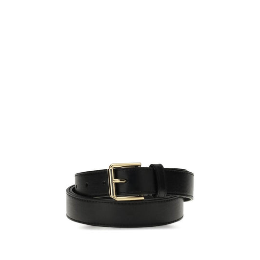 Givenchy Black Calf Leather Bos Taurus Regular Belt with gold metal details and engraved logo, showcasing luxury and sophistication.
