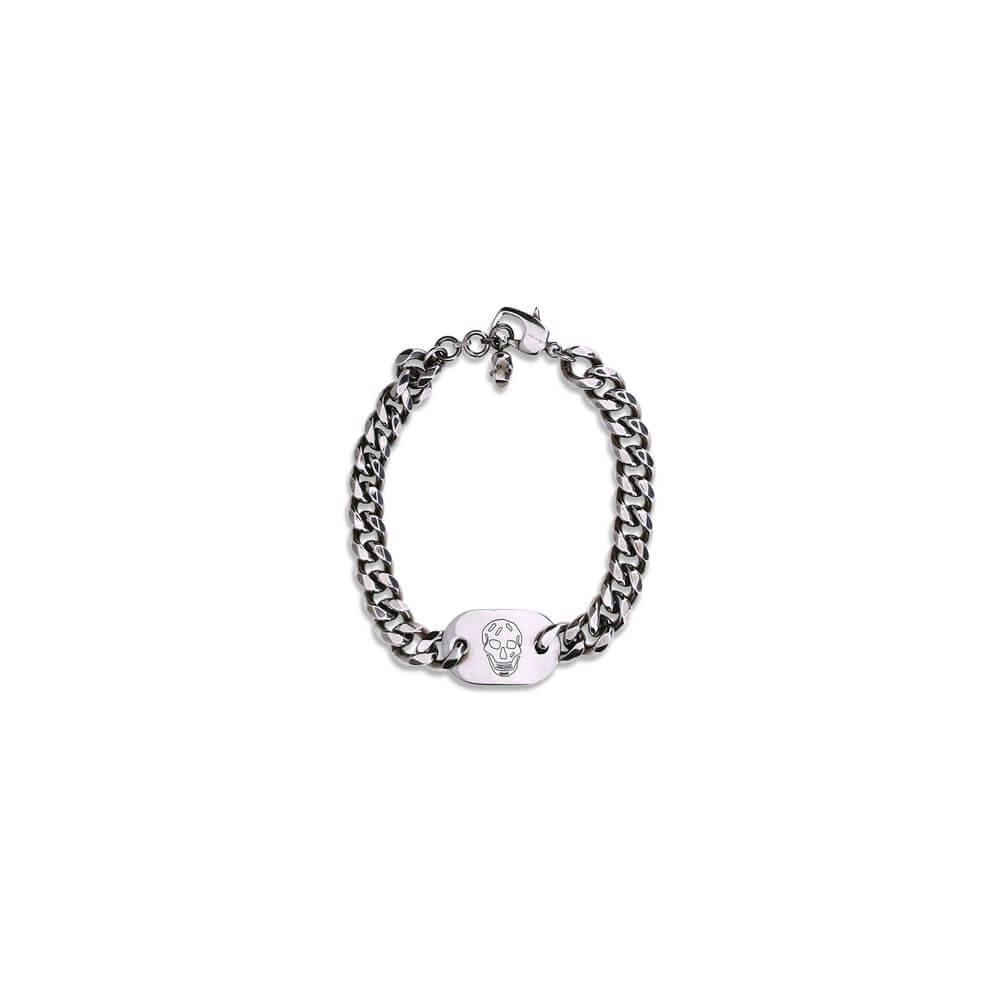 Alexander McQueen Silver Brass Bracelet with skull charm and antiqued finish.