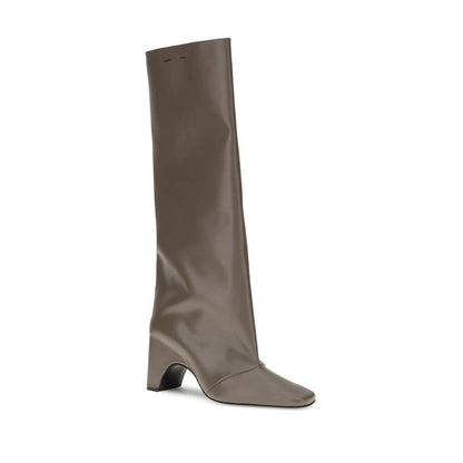 Coperni Gray Calf Leather Bos Taurus Boots with block heel and square toe on white background.