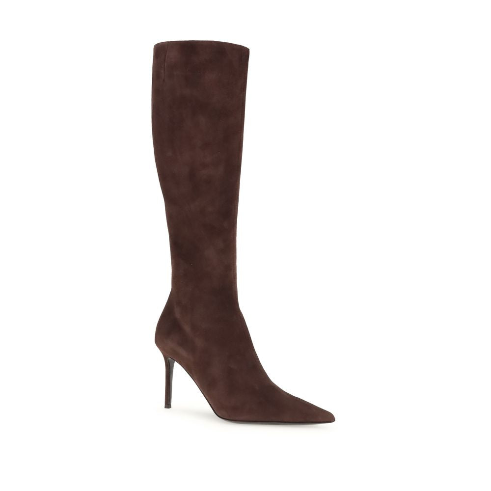 Giuseppe Zanotti Brown Leather High Heel Boots with stiletto heel, almond toe, and back zipper, made in Italy, knee-high design for AW25.