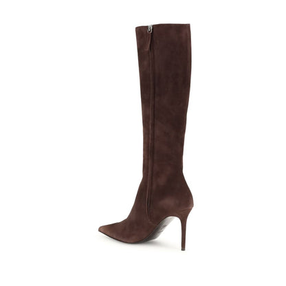 Giuseppe Zanotti Brown Leather High Heel Boots with stiletto heel and almond toe, featuring back zipper closure and knee-high design.