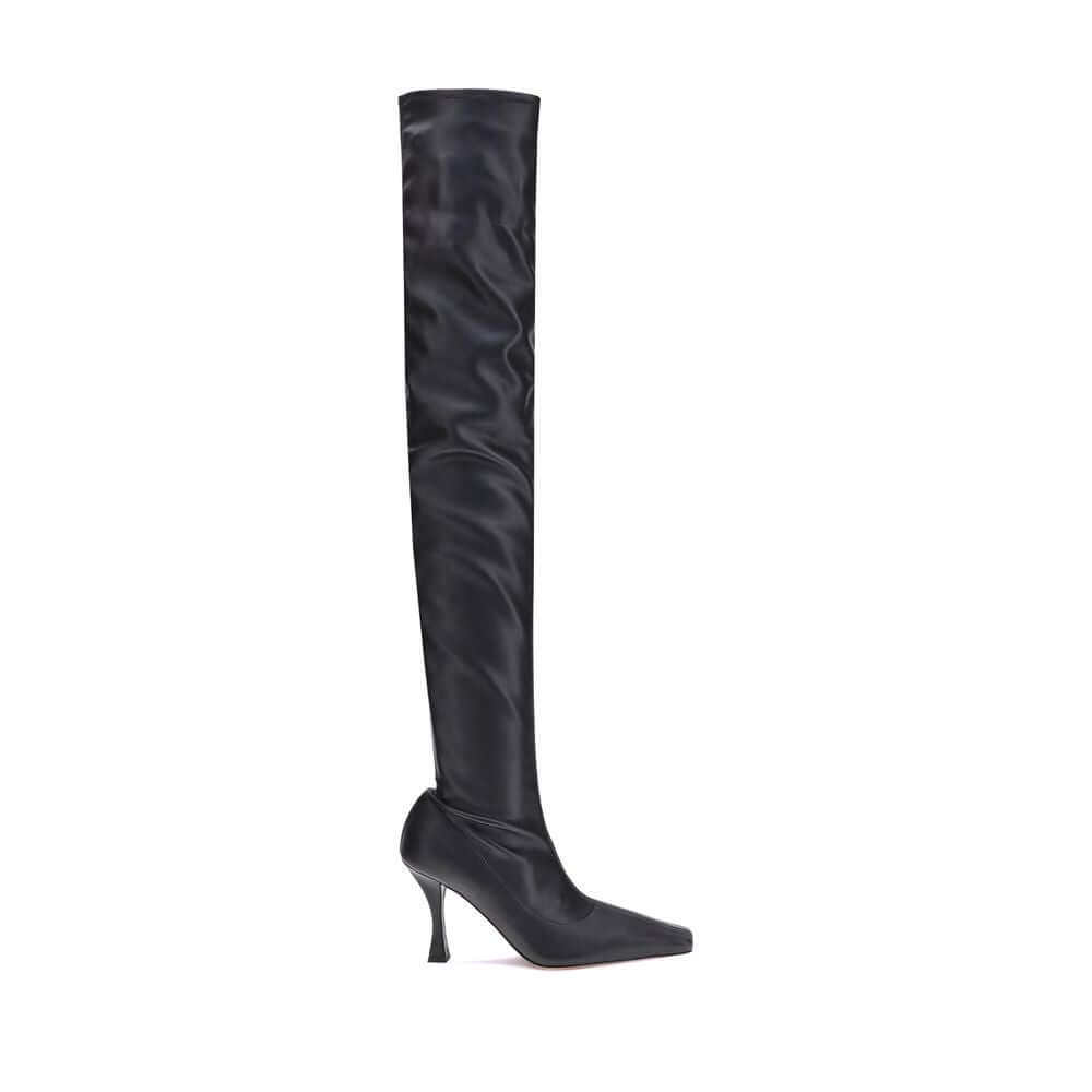 Proenza Schouler Black Polyethylene Over The Knee boot with stiletto heel and square toe, made from stretch nappa leather, AW25 collection.