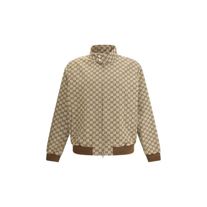 Gucci Beige Cotton Shell Jacket with GG Supreme design, high collar, snap buttons, and ribbed cuffs for AW25 season.