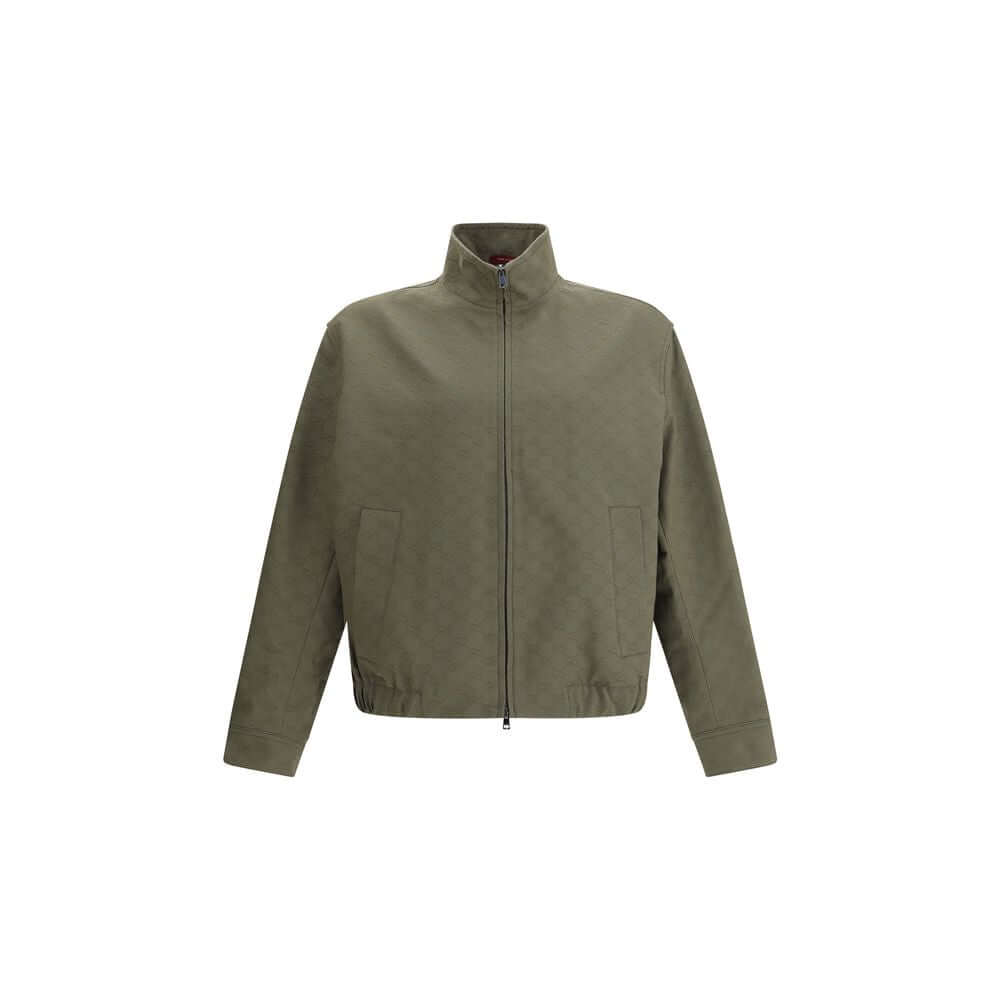 Gucci Green Cotton Bomber with high collar, front zipper, and ribbed cuffs for AW25 season, made in Italy